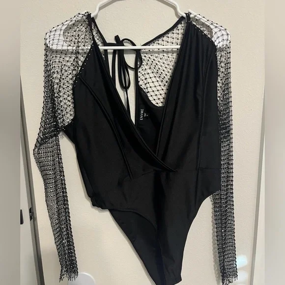 NWOT Black Mesh With Jewel Sleeve Bodysuit - Picture 4 of 4